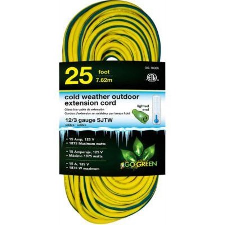 GOGREEN GoGreen 12/3 25' Cold Weather Outdoor Extension Cord, Yellow w/Green Stripe. Lighted End GG-18025